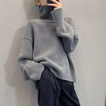 Getadme Autumn and Winter New Thick Cashmere Sweater Women High Neck Pullover Sweater Warm Loose Knitted Base Sweater Jacket Tops
